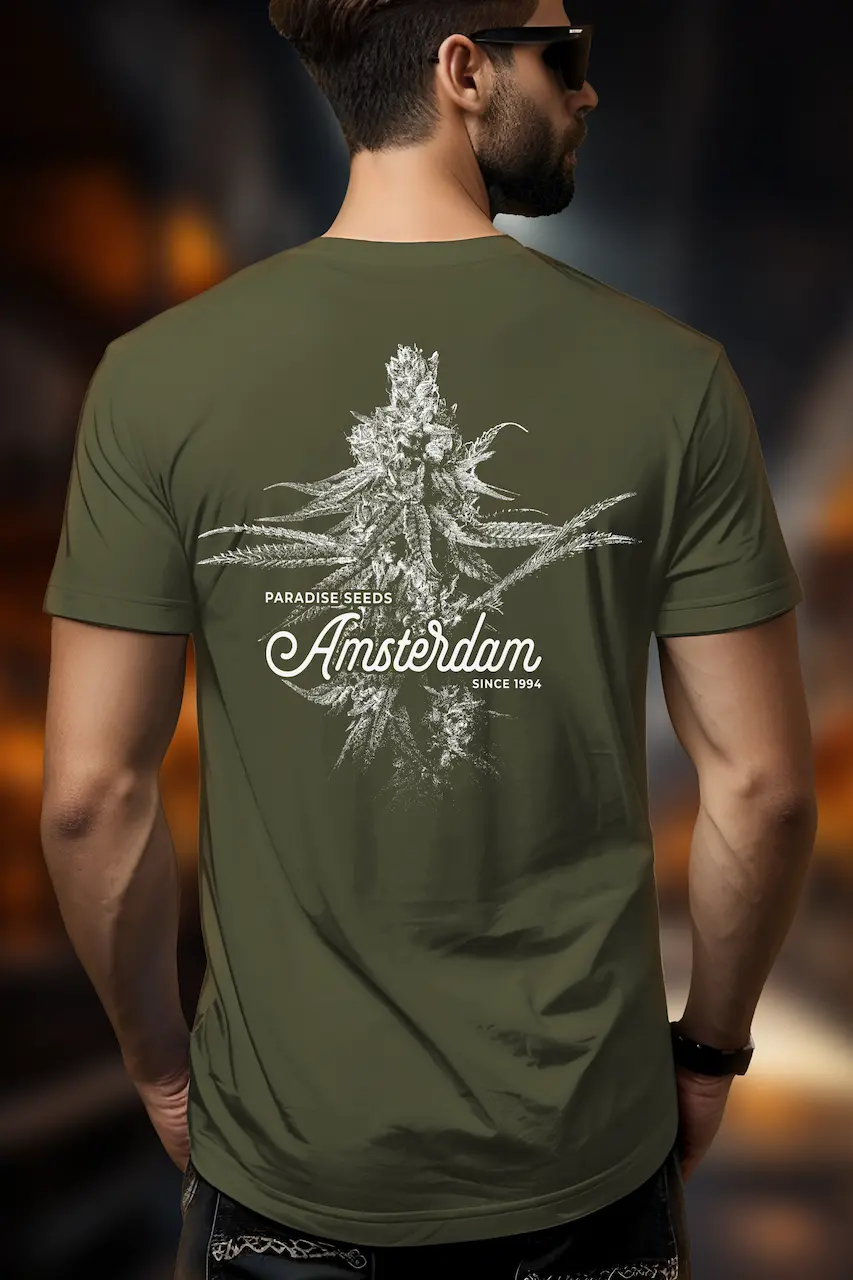 Paradise Seeds Amsterdam Plant Tshirt Olive back